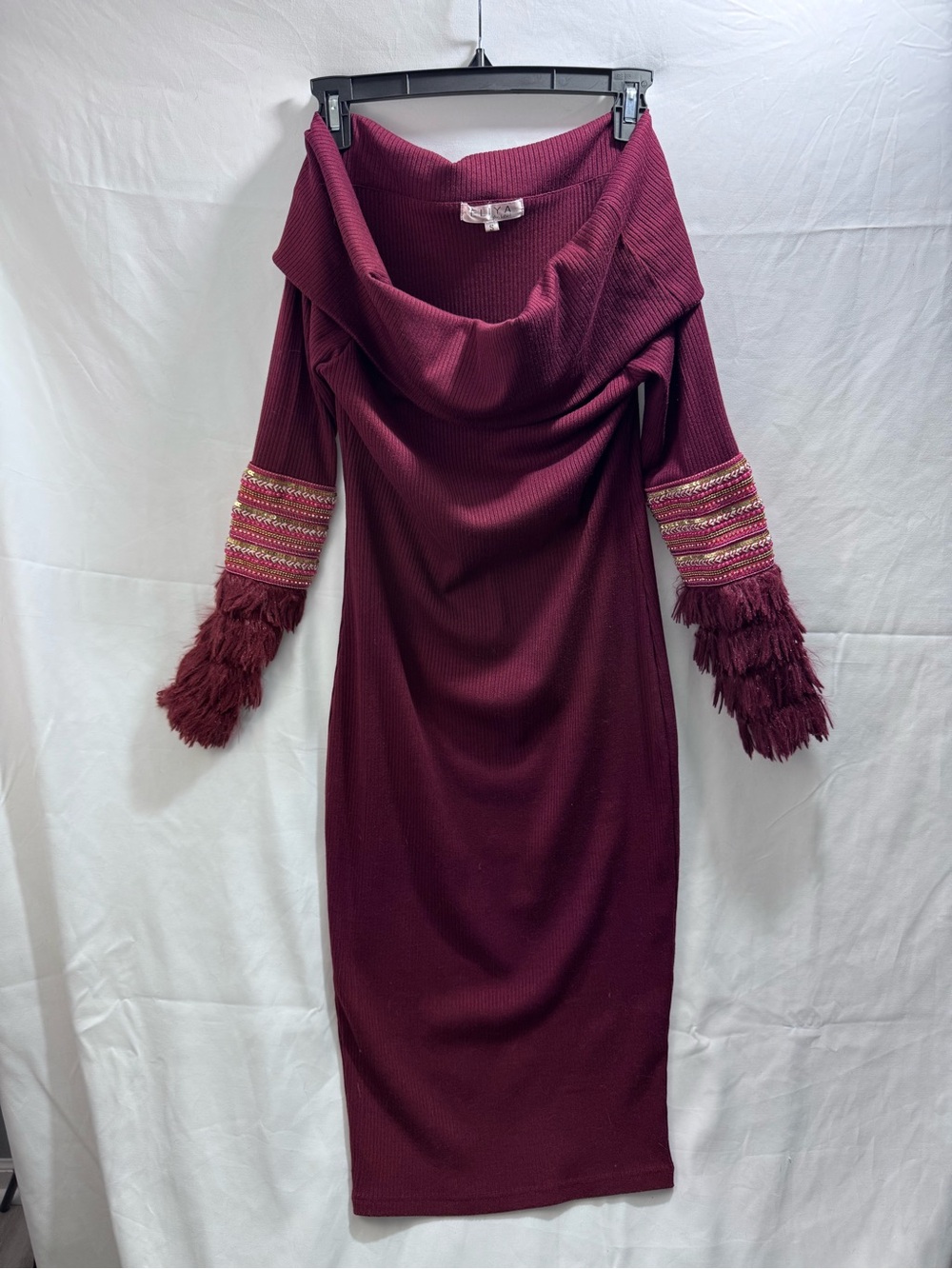 ELIYA the Label Strapless Burgundy Midi Dress with Embellished Fringe Sleeves